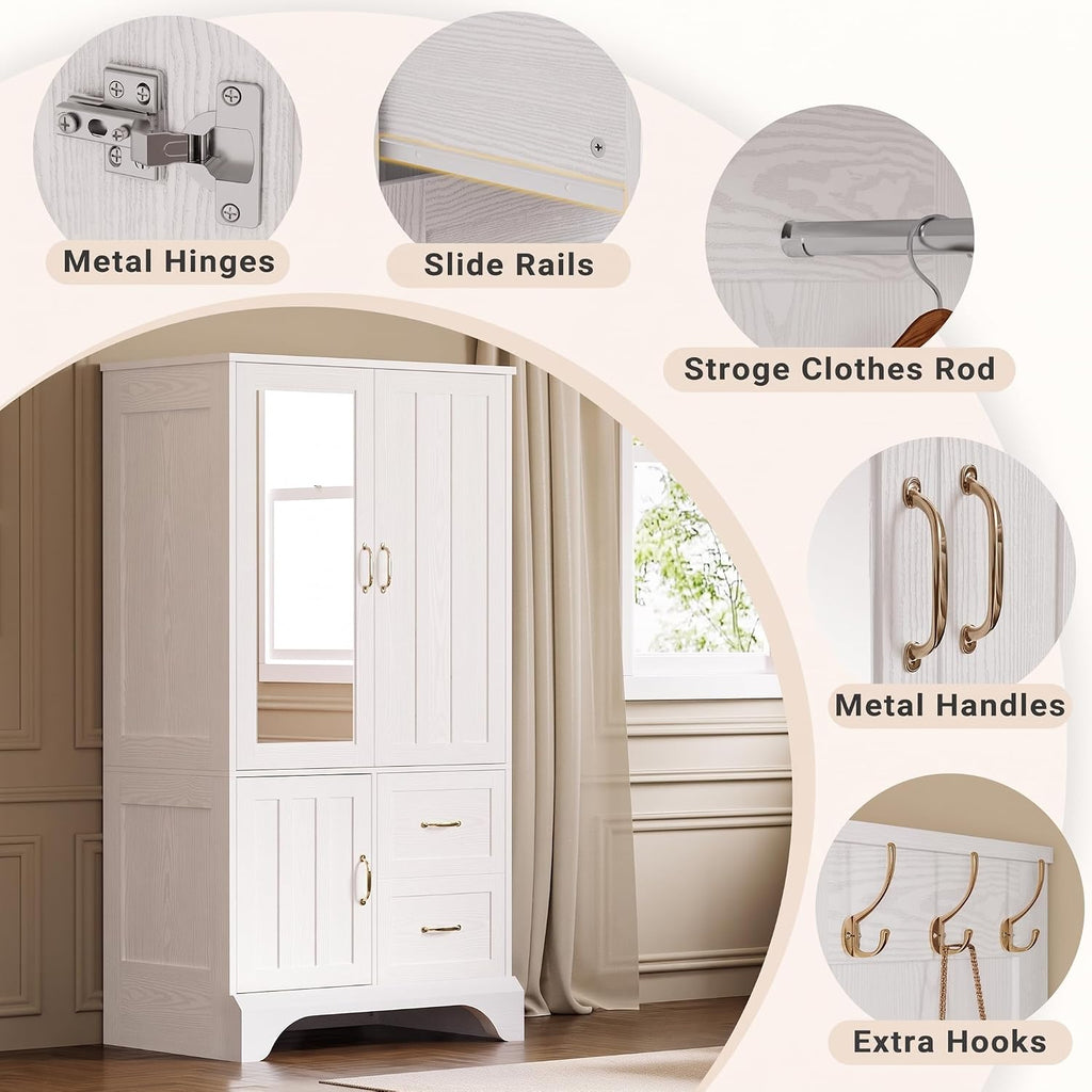 Armoire Wardrobe with Mirror, 3-Door Hanging Rod & Drawers | 3-door armoire with mirror. Hanging rod, 2 drawers, 4