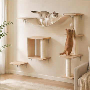 Real Wood Cat Wall Shelves with Waterproof Fabric- Sturdy Wall Mounted Cat Shelf & Climber, Floating Wood Cat Perch