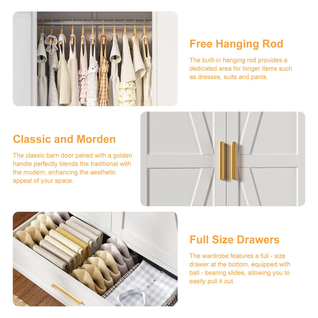 71 Farmhouse Metal Wardrobe Closet with Hanging Rod, 2 Barn Doors, Adjustable Shelves, Steel Armoire with Drawer White