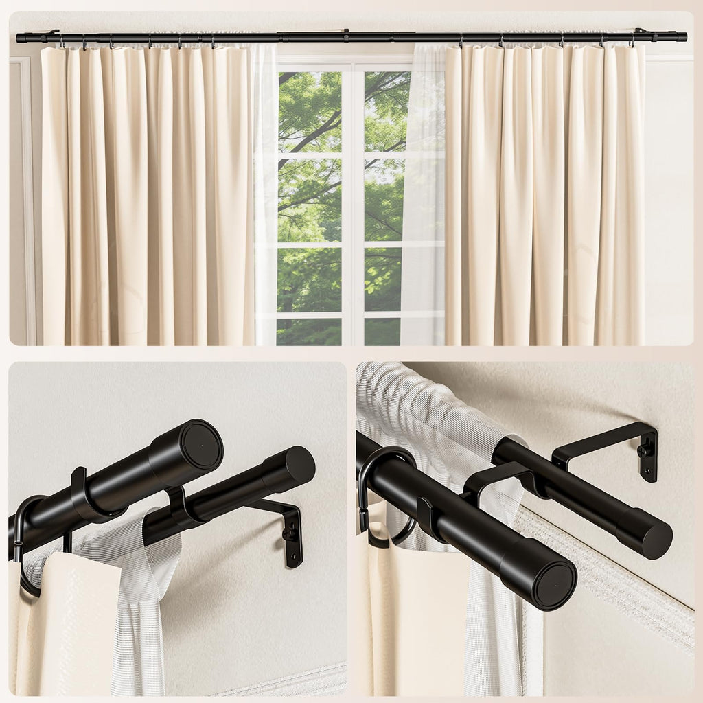 Double Curtain Rod 100 to 123.8 Inch, 1 Inch Telescoping Double Curtain Rods for Windows, Black Double Curtain Rod