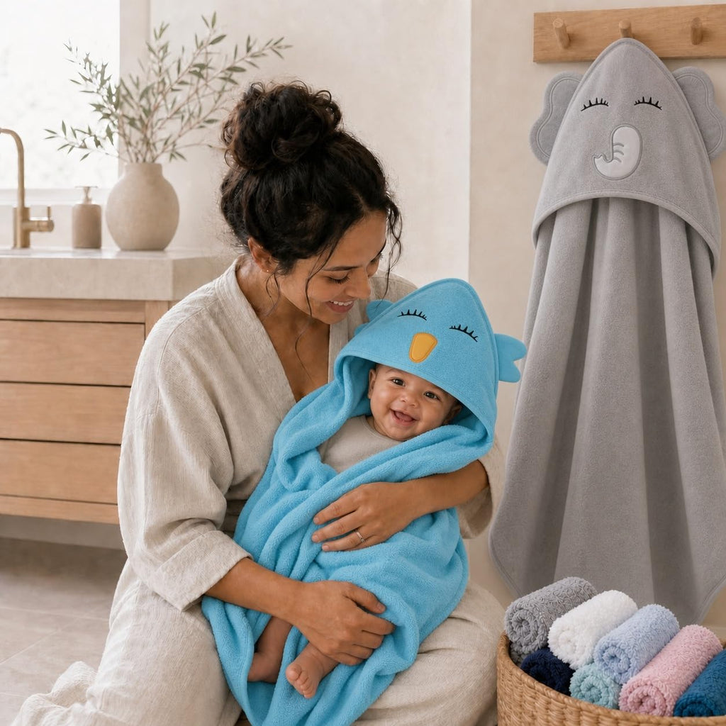 2 Pack Hooded Baby Towel Rayon Made from Bamboo and 8 Washcloths - Lovely Elephant, Happy Bird