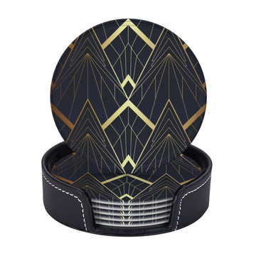 Abstract Art Deco Leather Drinks Coasters with Holder, Set of 6