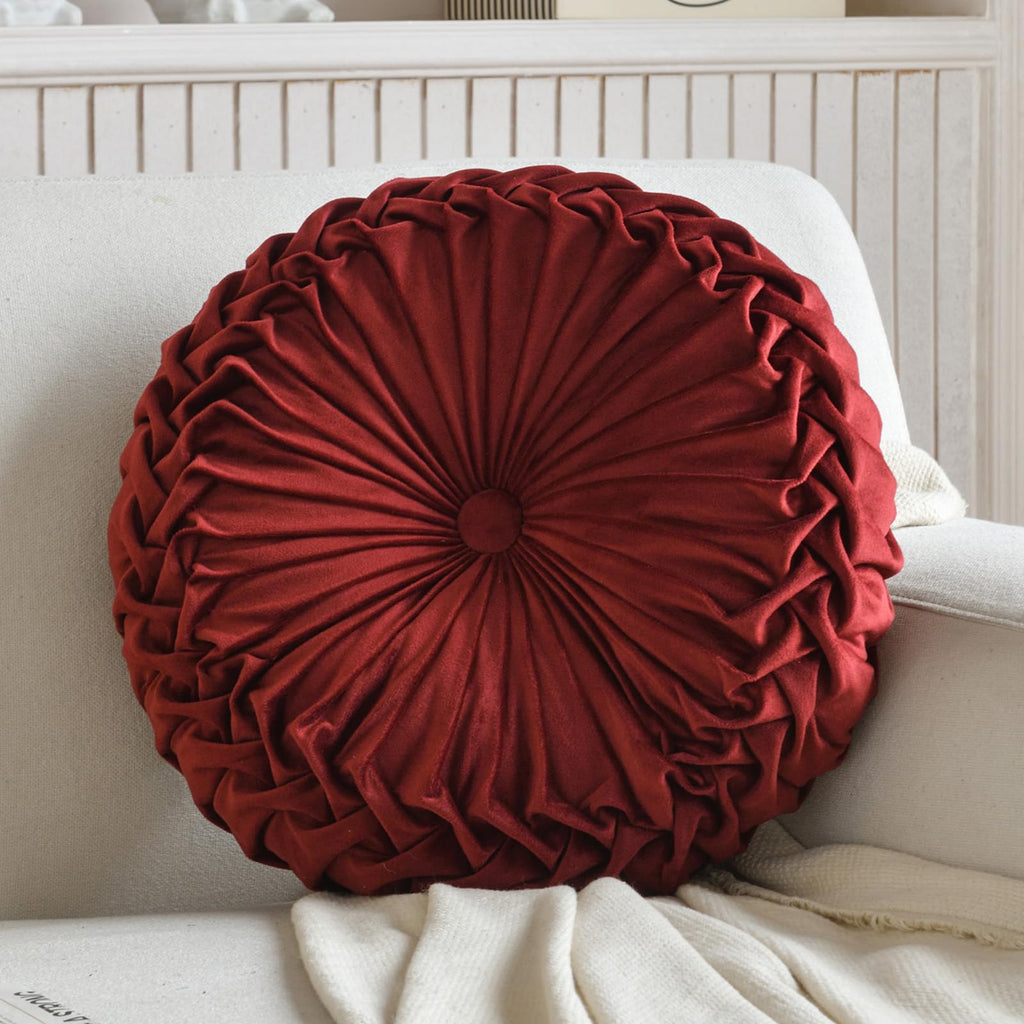 Round Pillows Velvet Pleated Circle Pillow Floor Pillows Burgundy