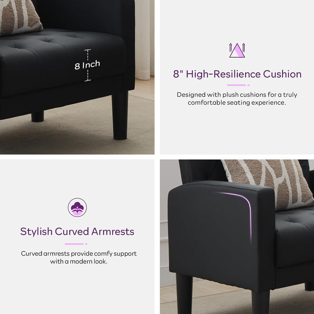Black Leather Accent Chairs, Tufted M-C-M Chairs - Set of 2