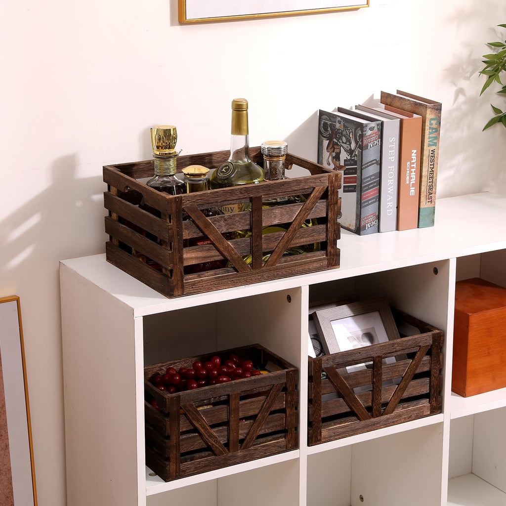 Nested Wooden Storage Crates Set of 3 (L, M, S), Rustic Wood Crate for Storage