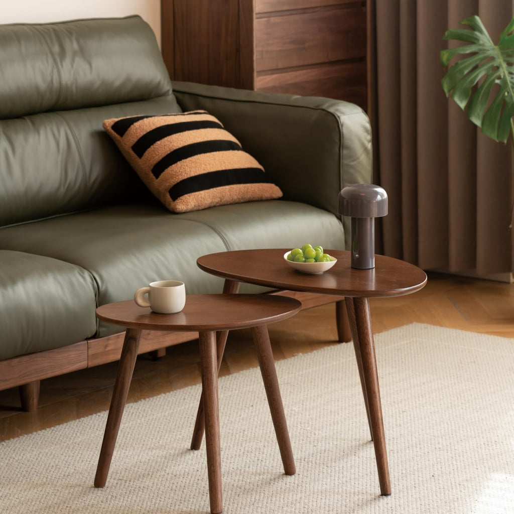 Small Oval Coffee Table, Mid Century Modern Coffee Table, 100% Solid Oak Wood Side Table End Tables (Walnut Color