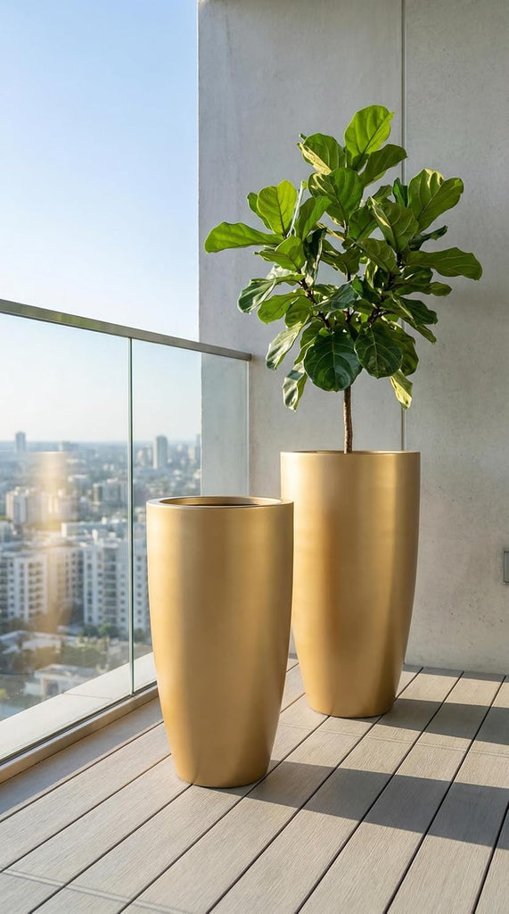Tall 36" Gold Fiberglass Planter - Large Modern Lightweight Tapered Round Indoor/Outdoor Elegant Decorative Pot for