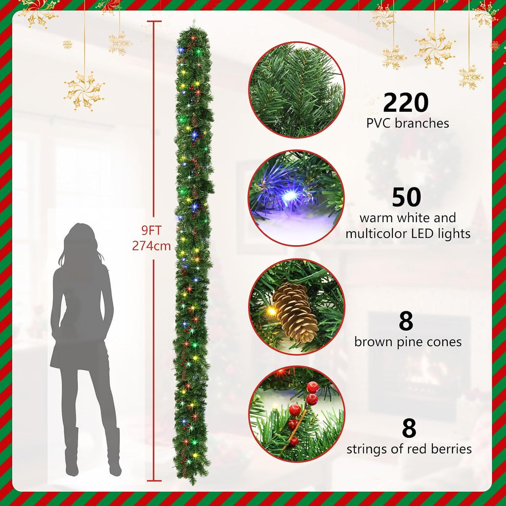 9ft Pre-lit Christmas Garland, with 8 Lighting Modes & Decorations