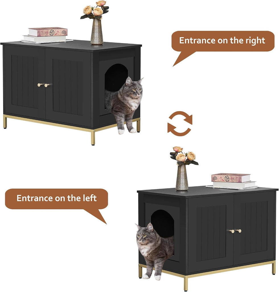 28.3" L Cat Litter Box Enclosure with Metal Frame, Black and Gold
