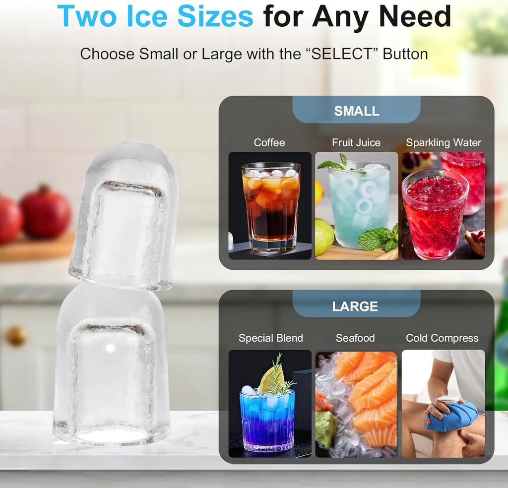 Countertop Ice Maker, 8 Bullet Cubes in 6 Mins, 26.5lbs in 24Hrs, 2 Ice Sizes, Self-Cleaning Portable Ice Maker