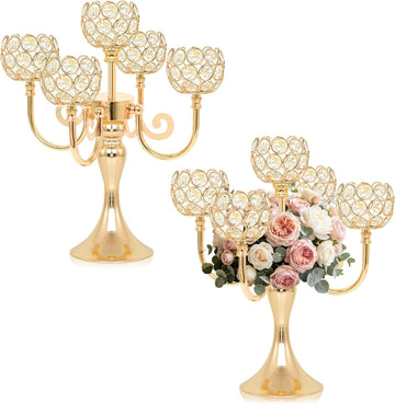 5 Arm Metal Crystal Candelabra Centerpiece - 13.4 Inch Elegant Candle Holder with Crystal Beadsable Decoration (2, Gold)