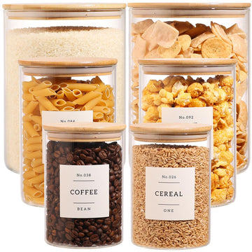 6-Pack Borosilicate Glass Storage Jars with Bamboo Lids + 132 Pre-Printed Pantry Labels Included, BPA-Free Thicken