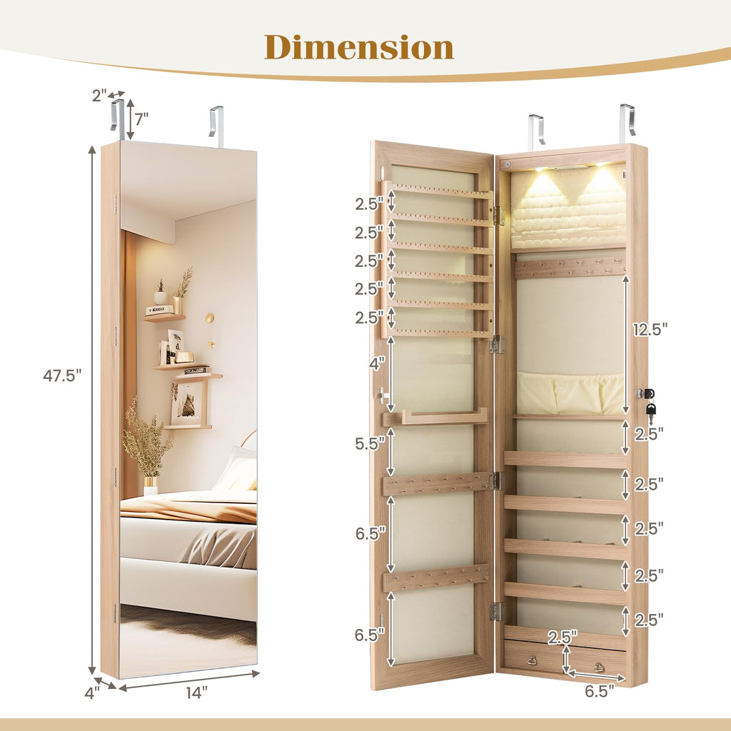 Wall or Door Mounted Jewelry Armoire with Full Length Mirror, 47.5"