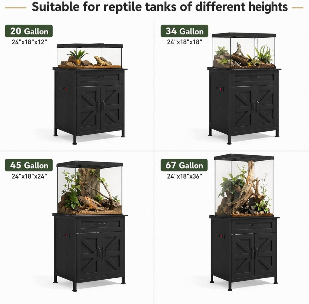 45-67 Gallon Reptile Tank Stand with Power Outlet, Black