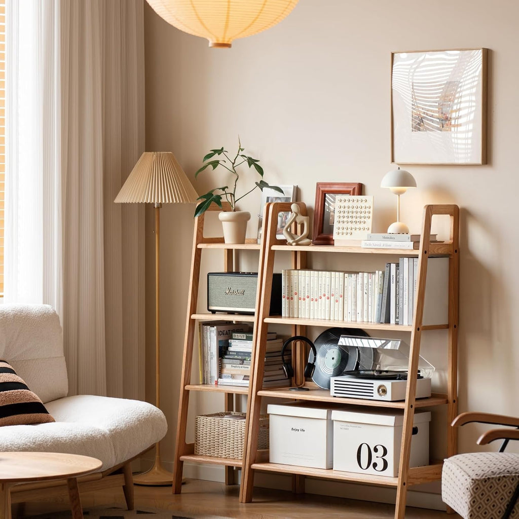 100% Solid Oak 4 Tier Ladder Shelf, Small Bookshelf, Ladder Bookshelf, Bookcase with Stable Frame, Small Table