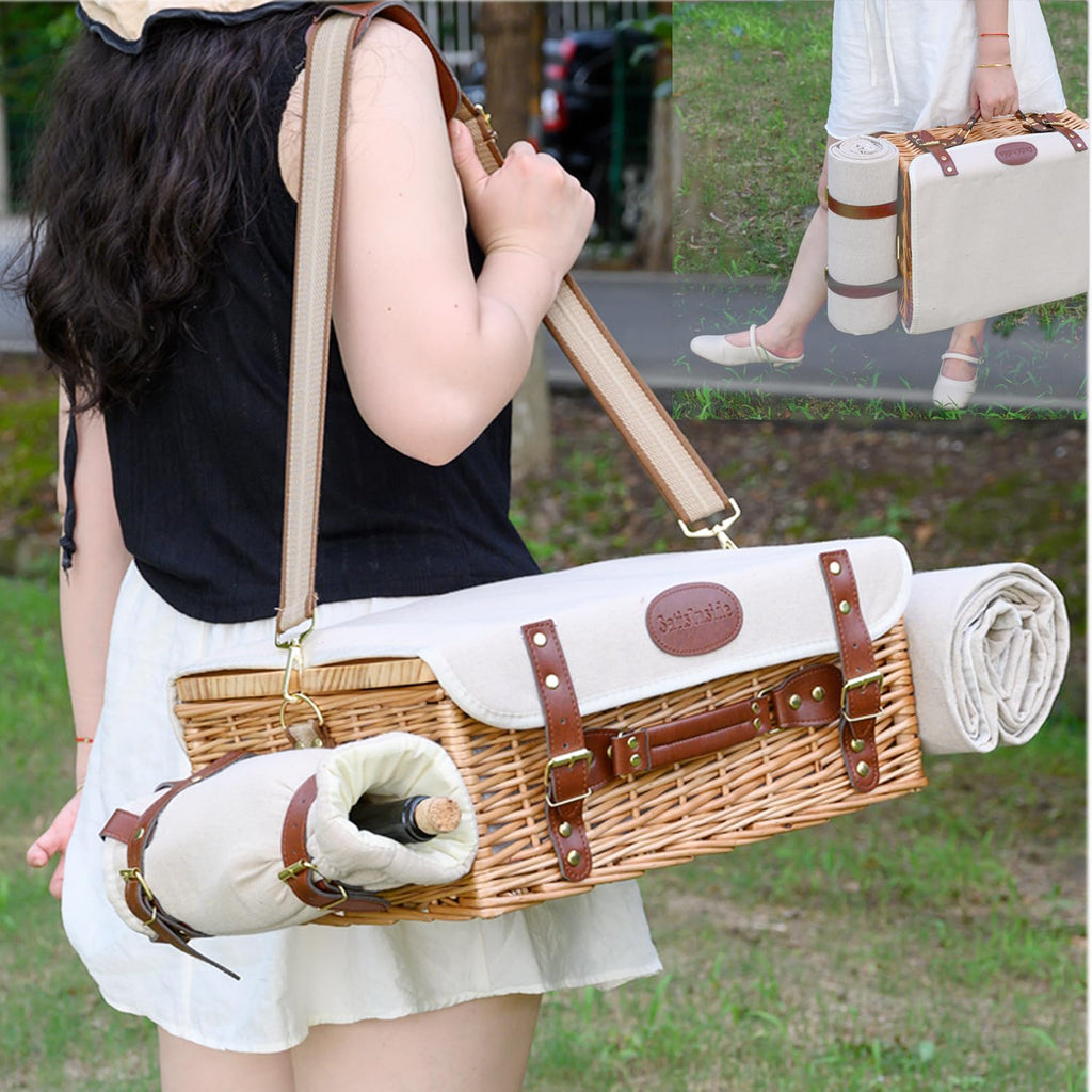 Multifunctional Wicker Picnic Basket Set for 2 with Blanket and Picnic Table, Insulated Picnic Set with Full