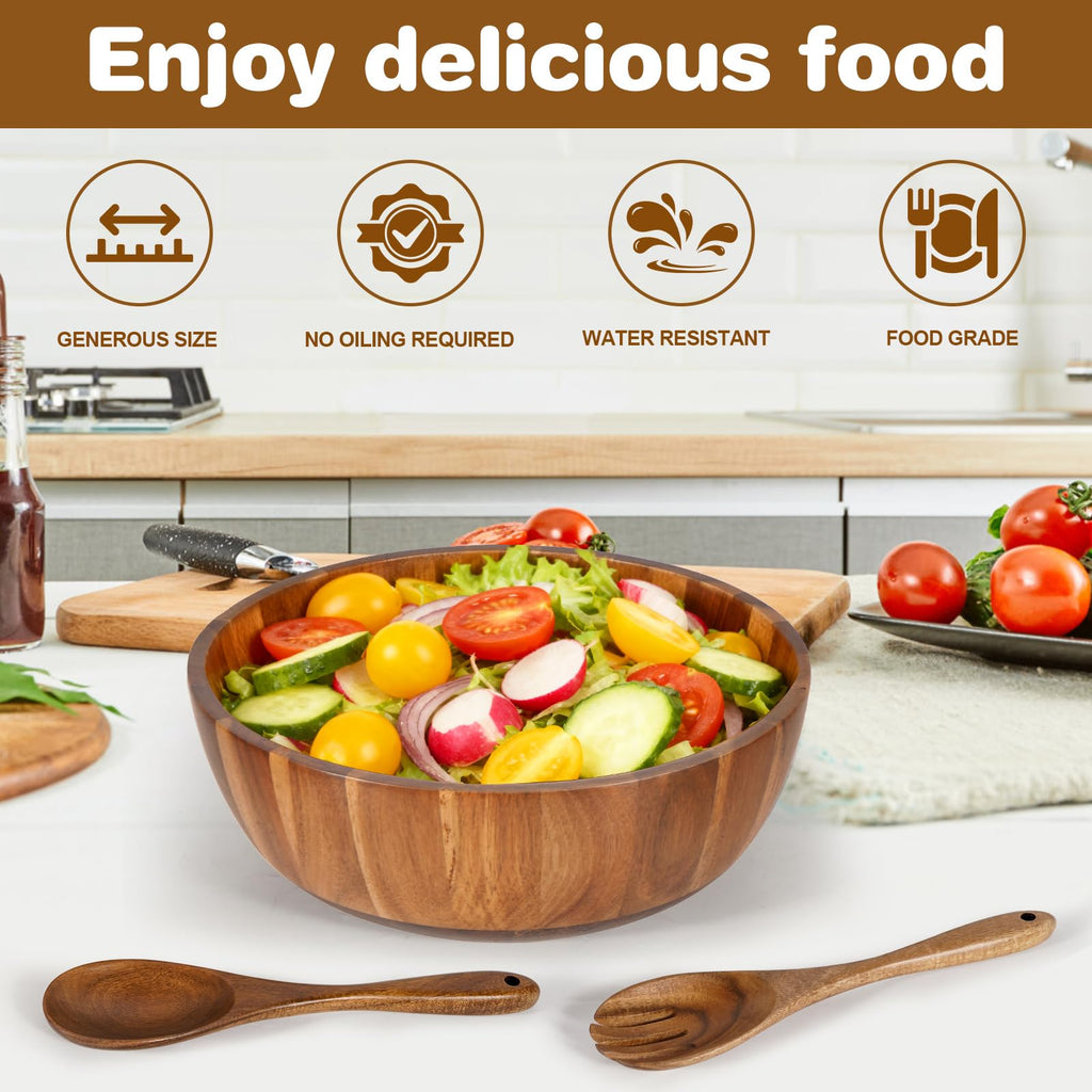 Wooden Salad Bowl Set 11.8 Inch - Acacia Large Wood Salad Bowl with Wooden Serving Utensils, Big Salad Bowls