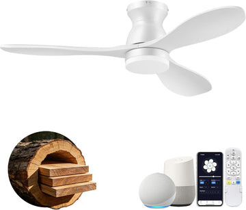 42 Inch Smart Flush Mount Ceiling Fan with Light and Remote - Low Profile, 3 Solid Wood Blades, Dimmable LED, Works with Alexa & Google - White