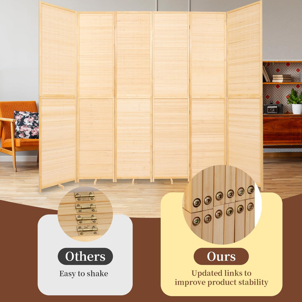 Bamboo Room Divider 6 Panel Wall Divider, Folding Screen W/Extra Stable Base