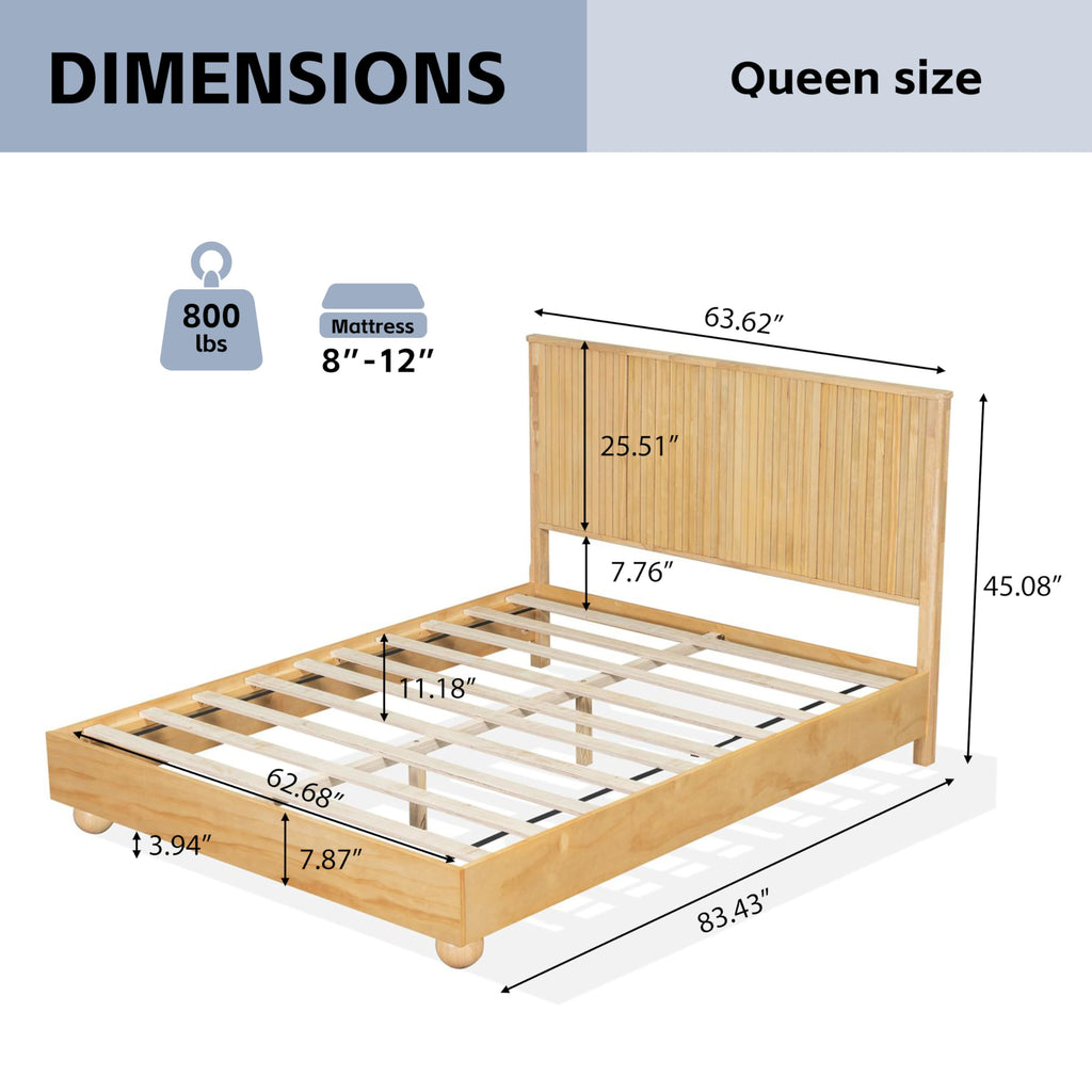 Queen Size Bed Frame with Reeded Headboard, Natural Wood Platform Bed Frame with Sturdy Wooden Support Slats, No Box