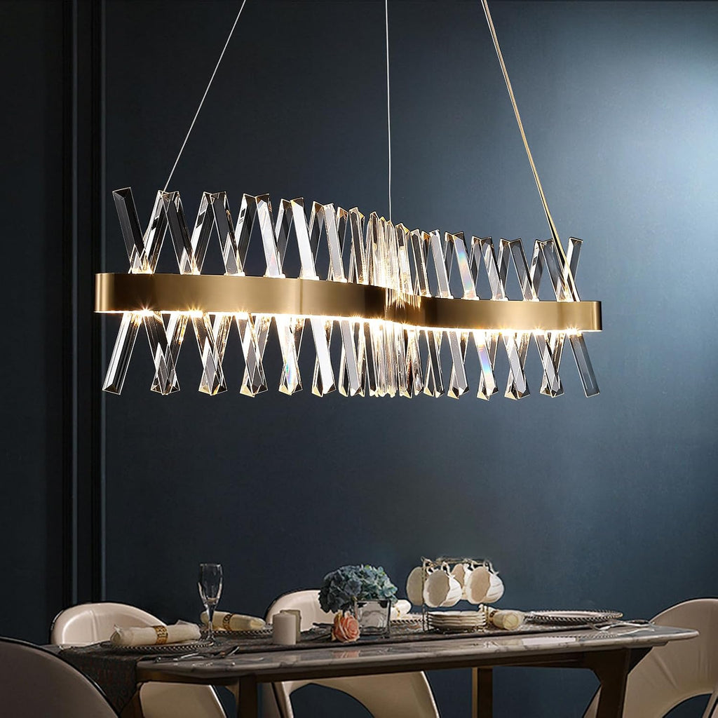 Gold Crystal Chandelier Modern LED Ceiling Pendant Light Fixture 40" Modern Linear Flush Mount Hanging Light for
