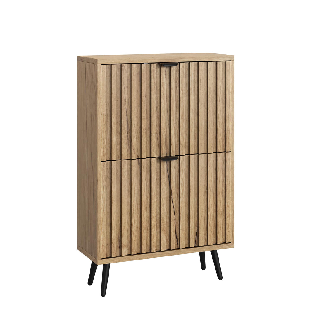 Shoe Cabinet with 2 Flip Drawers, 23.6" Natural Hidden Shoe Storage Cabinet with Fluted Design, Freestanding Shoe