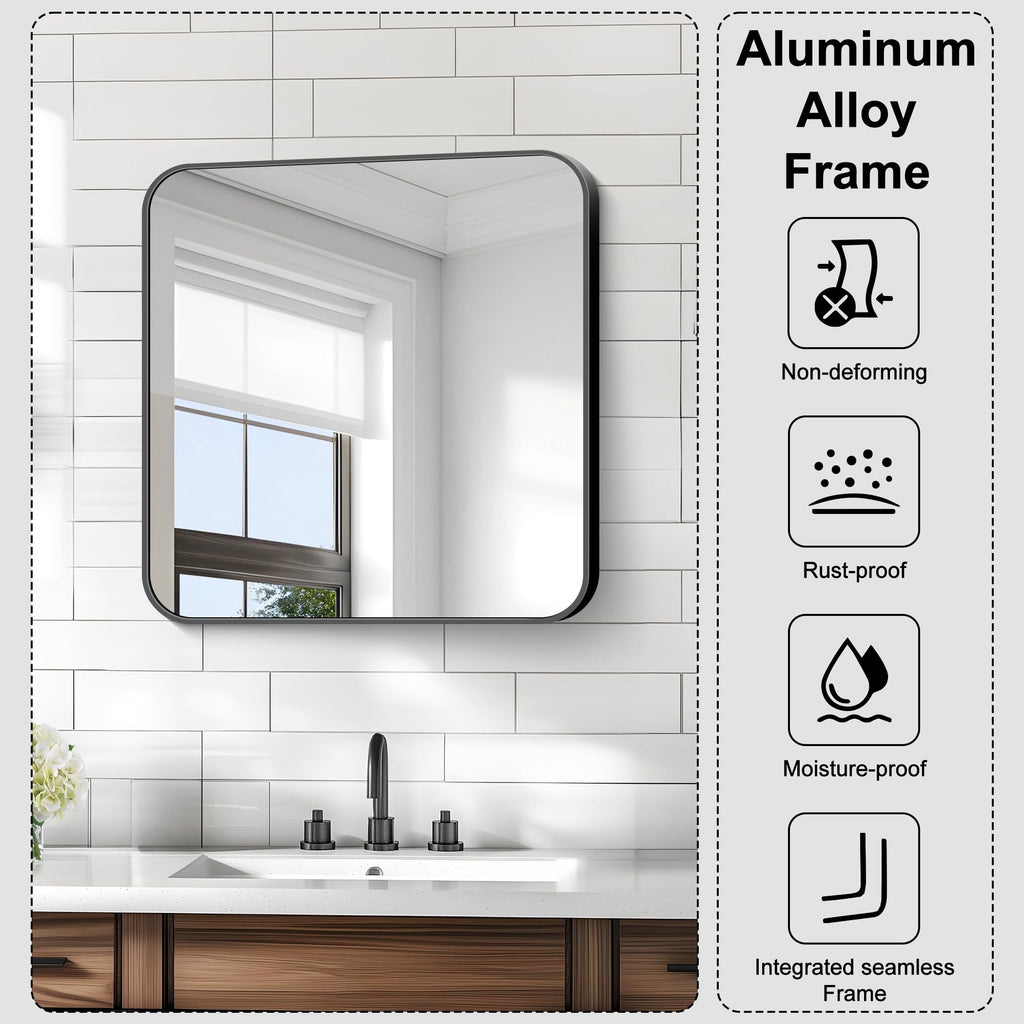 Square Bathroom Mirror, 24"x24" Black Rectangle Vanity Mirror, Black Metal Frame Mirror with Rounded Corner