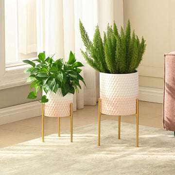 Modern Planter Pots, Set of 2 White Pink Planters with Stand, Decorative Planters, Metal Pots with Drainage Holes