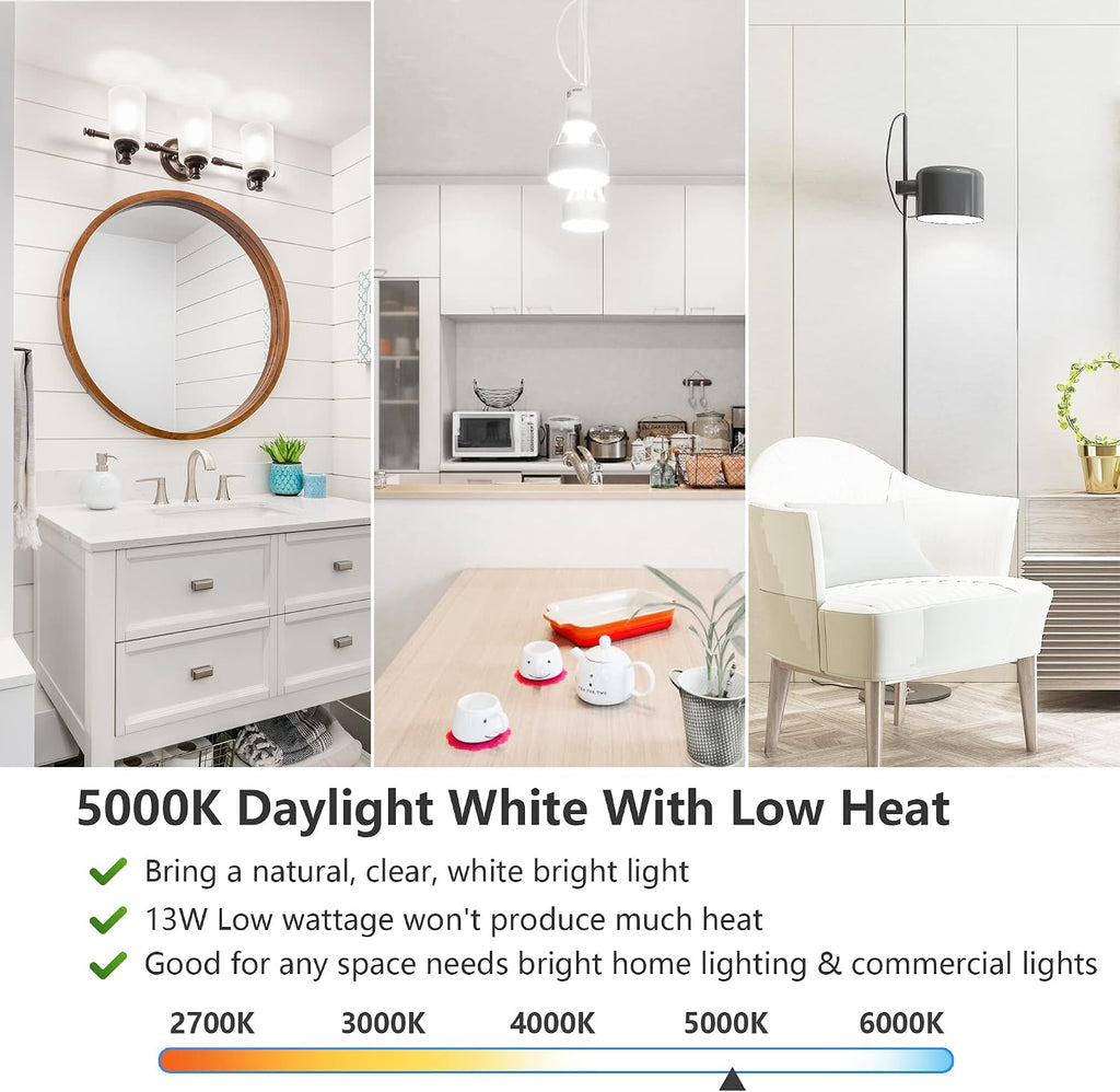 A19 LED Light Bulbs, 100 Watt Equivalent LED Bulbs, Daylight White 5000K, 1500LM, E26 Base, Non-Dimmable, 13W Bright