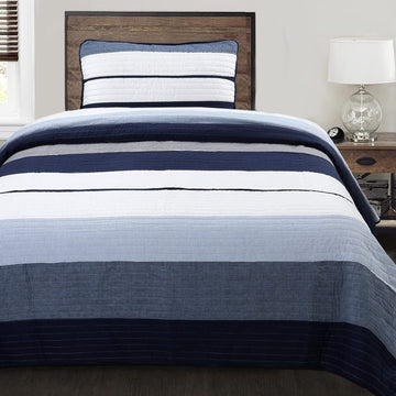 Tranquil Blue Gray Striped 100% Cotton Quilt Bedding Set, Reversible Coverlet, Bedspread (Rendon - 2 Piece)