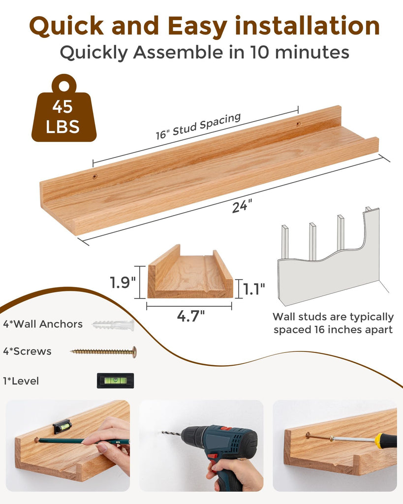 Oak Picture Ledge Shelf, 24 Inch Floating Shelves Set of 2, Solid Oak Wood Wall Shelves with Lip, Wall Decor Storage