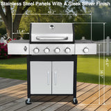 4-Burner Propane Gas Grill, 49,000 BTU BBQ Grill with Cast Iron Grates, Side Burner, Storage Cabinet and Pull-Out Grease Tray