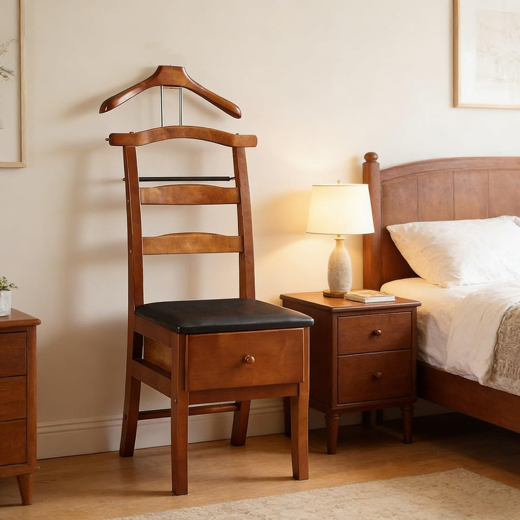 Chair Valet With Drawer, Wooden Suit Valet Stand With Contour Hanger, Trouser Bar and Tie & Belt Bar, 18" W x 23" D x