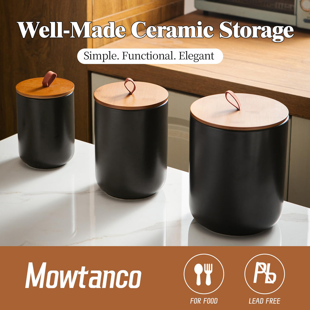Black Ceramic Canister & Jar Set, Airtight Bamboo Lids 3-Piece