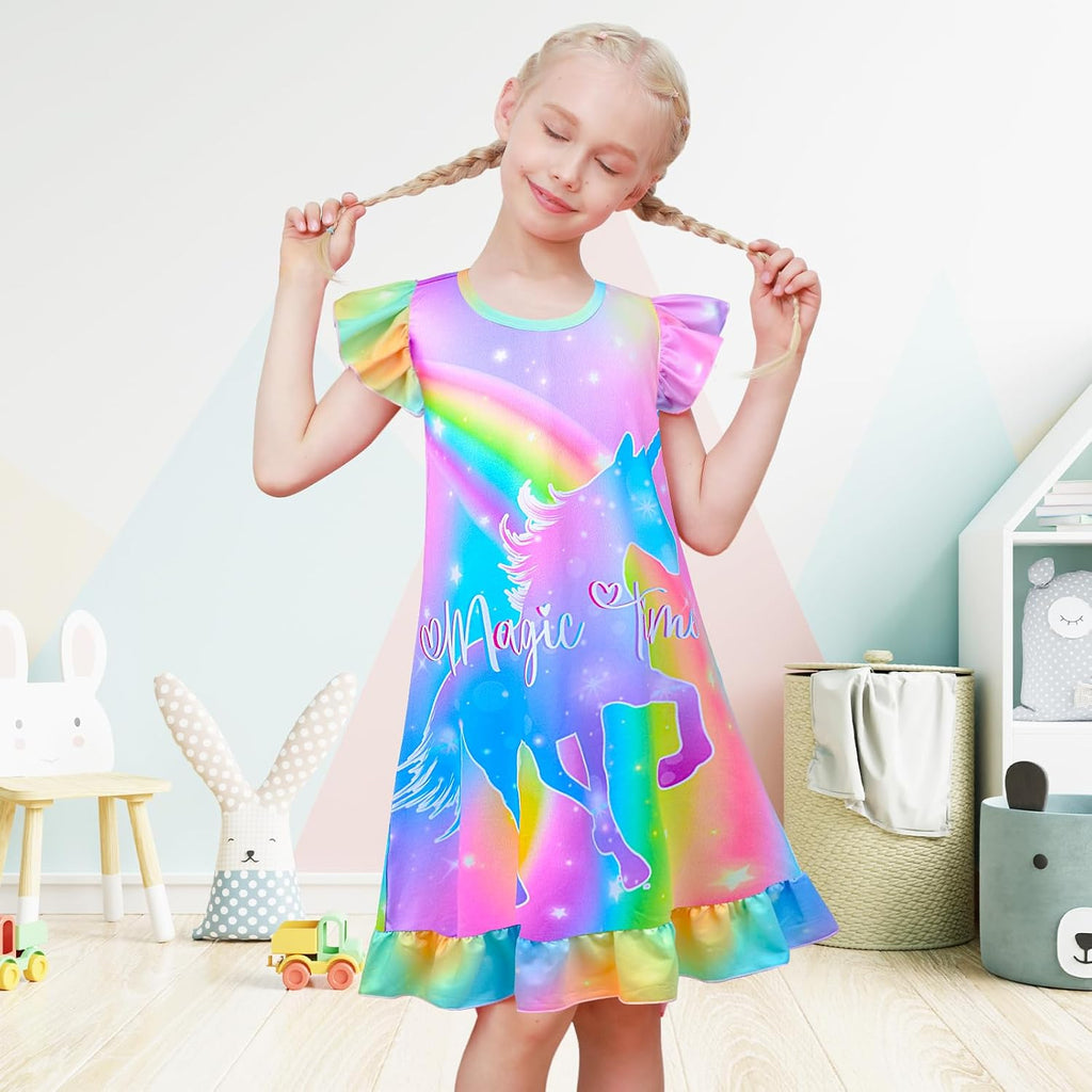 2Pcs Girls Nightgowns Unicorn Sleepwear Night Sleep Dress Pajamas Little Kids Toddler Soft Nightgown
