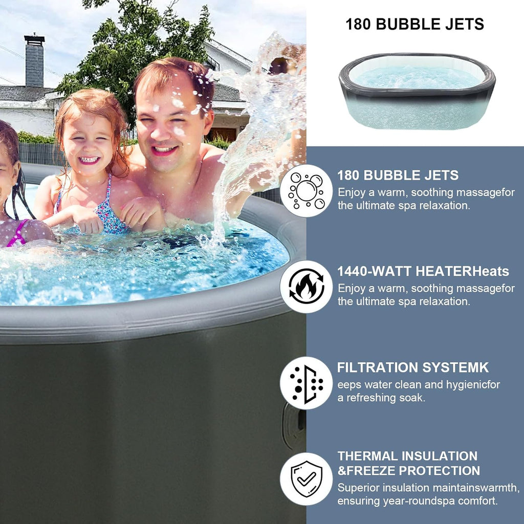 1-2 Person Inflatable Hot Tub - 100"*63"*28" Portable Outdoor spa with 180 AirJets & Smart Control
