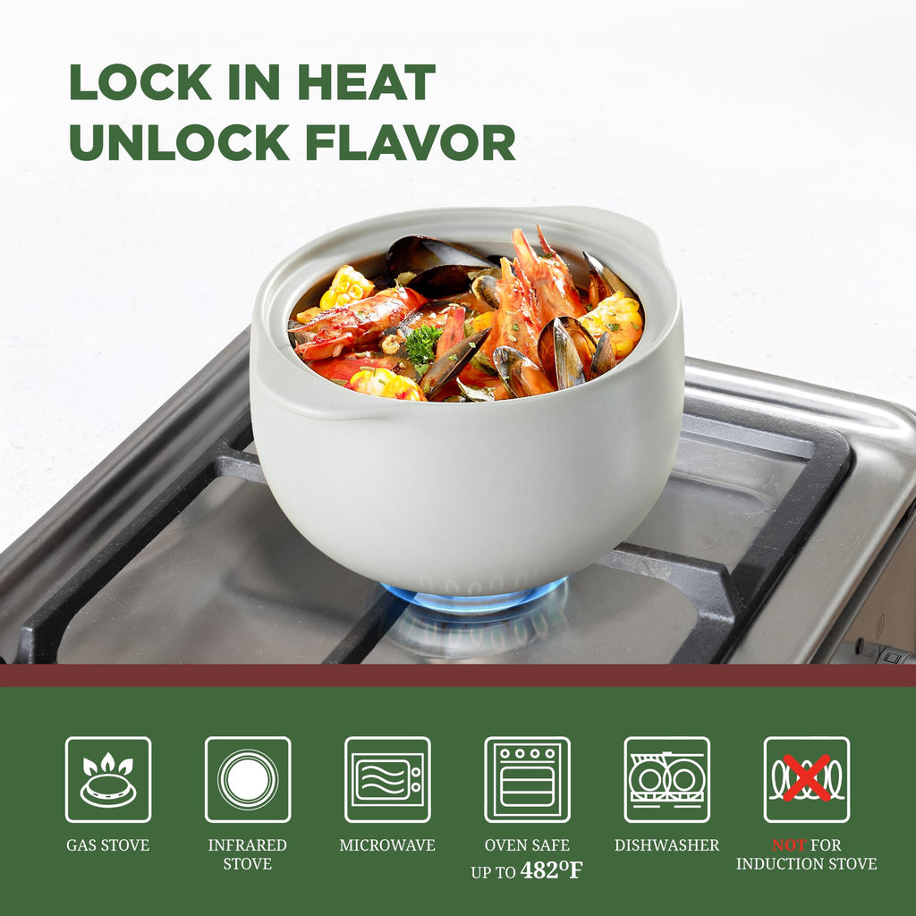 1-Qt Porcelain Dutch Oven with Lid - Lead & Cadmium Free, Oven Safe to 482°F, Heat Retention, Clay Pot for Cooking on