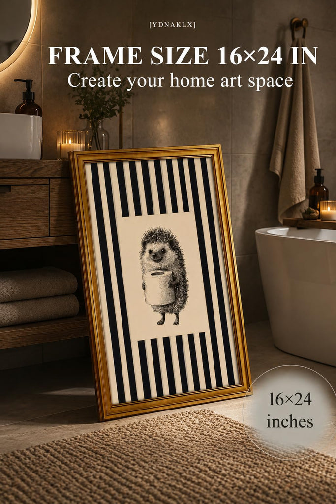 Gold Framed Wall Art, Funny Bathroom Hedgehog Canvas Prints, Vintage Hedgehog Holding Toilet Roll Picture Wall Decor