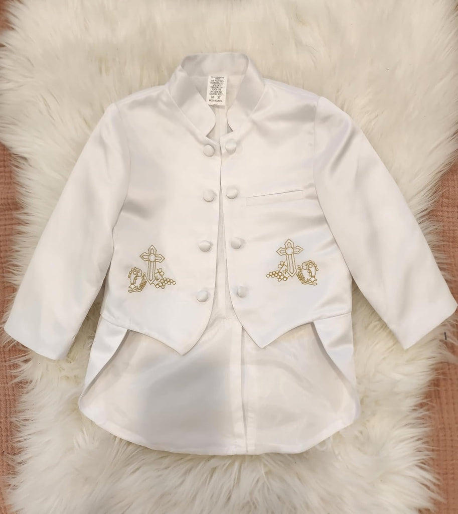 IGilrDress Baby/Toddler/Boys White Baptism Christening Mandarin Collar Tail 5 pcs Tuxedo with Cross Embroidery