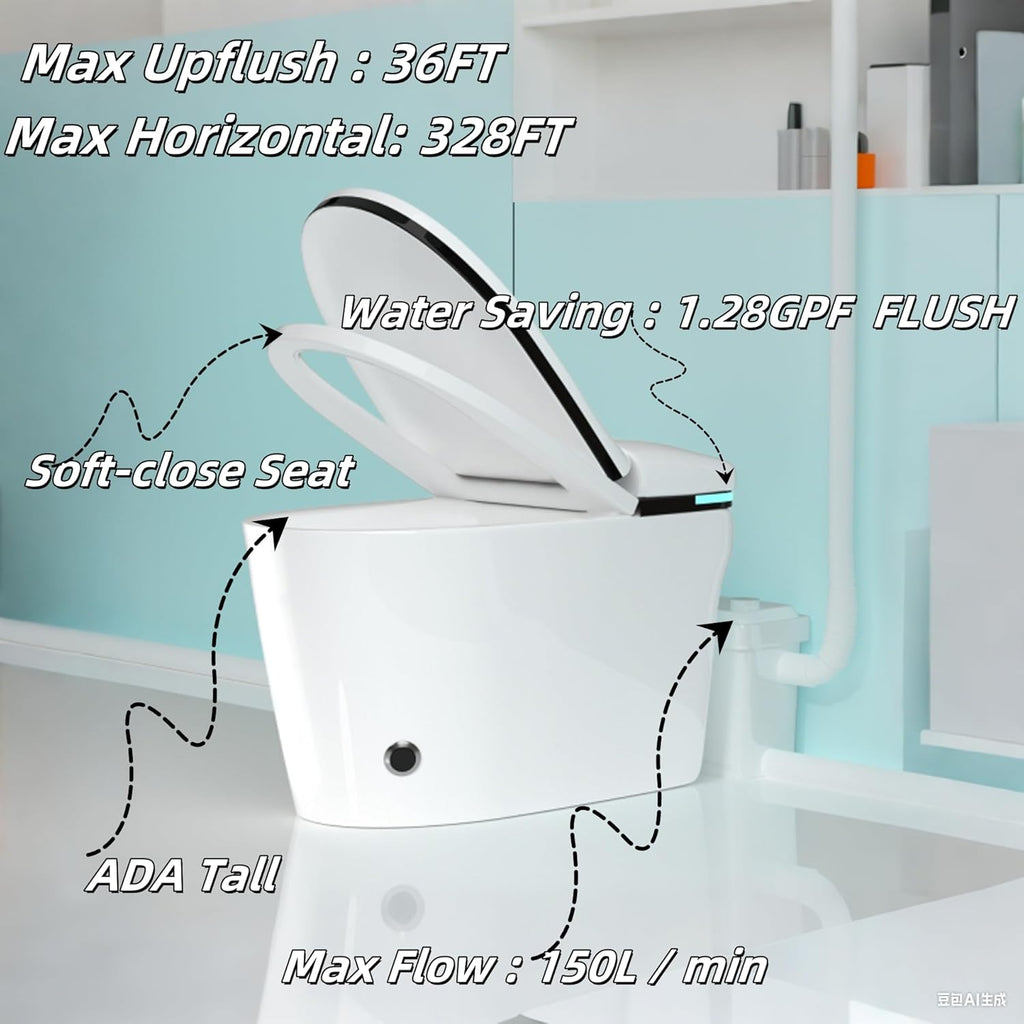 750W Macerating Upflush Smart Toilet with Pump System for Basement,Toilets with Bidet 3-Water-inlet [ADA Tall]