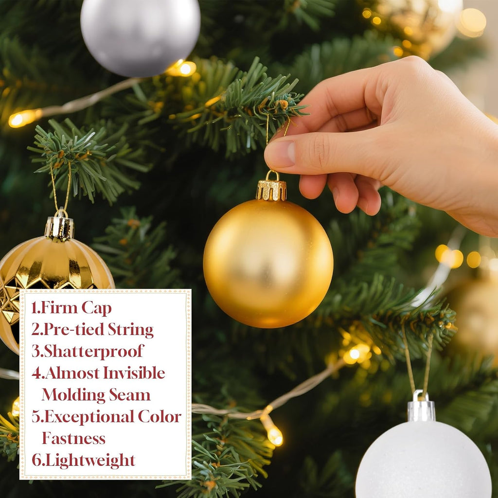 Tree Decorations Ornament Set, 60ct 2.36 Inches White Sliver and Gold Shatterproof Christmas Ball Ornaments, Hanging