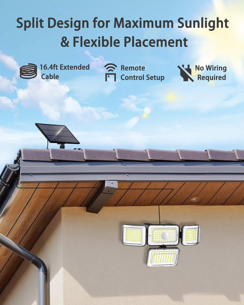 Solar Outdoor Lights Motion Sensor 288 LED Solar Security Lights with Remote Control IP67 Waterproof 4 Heads