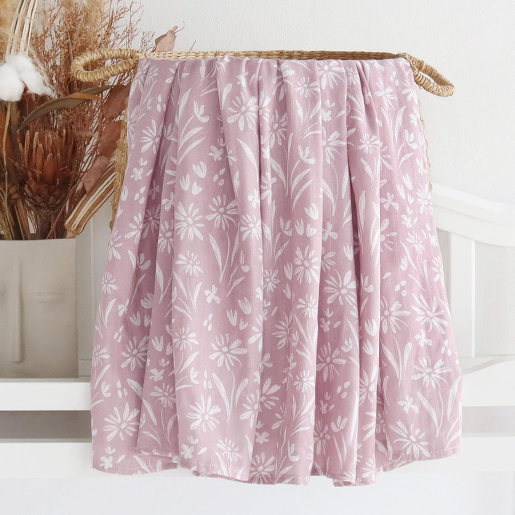 Baby Swaddle Blanket and Bow Set, Mauve Floral Muslin Swaddle Set with Matching Headband Bow, Infant
