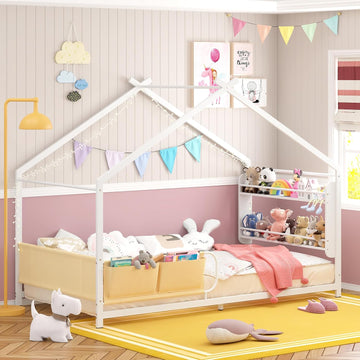 House Shape Montessori House Bed with 2 Tier Wood Bookshelf