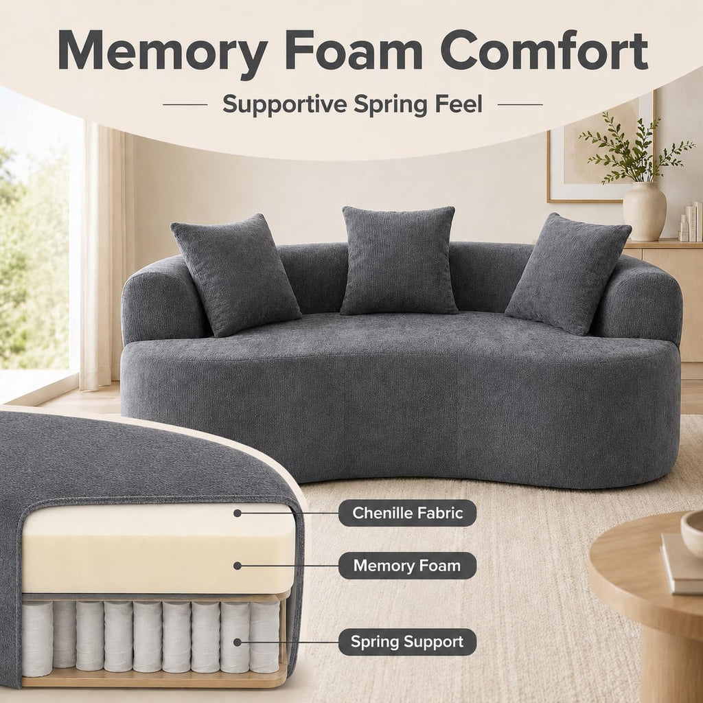 Curved Loveseat for Small Spaces, Curved Couches, Compression in a Box with 3 Pillows, Small Couch with Armrest