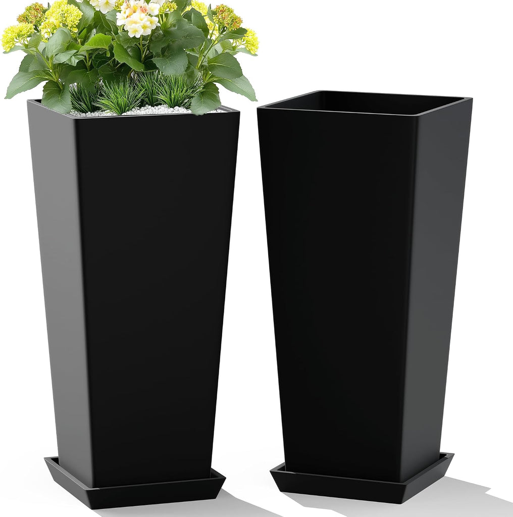 24-Inch Tall Planters for Outdoor Plants, Set of 2, Black | Square tapered planters with drainage trays for front