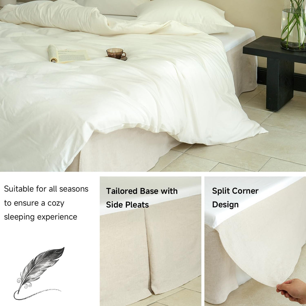 French Linen Bed Skirt with Classic 14 inch Drop Dust Ruffle, Tailored Draped Natural Flax Cotton Blend Basic Dust