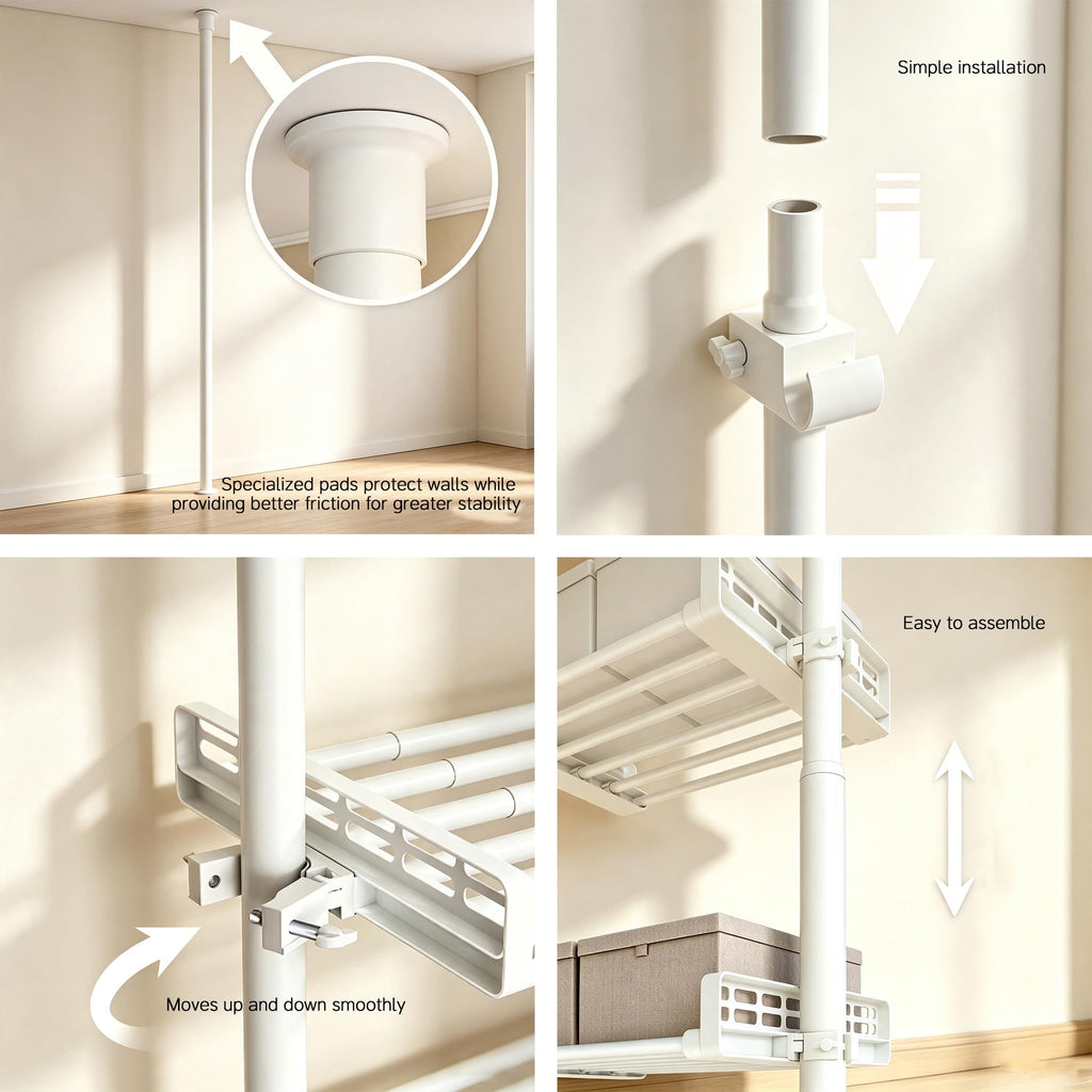 Adjustable Storage Rack, No Drilling Floor Standing Closet Organizer, White