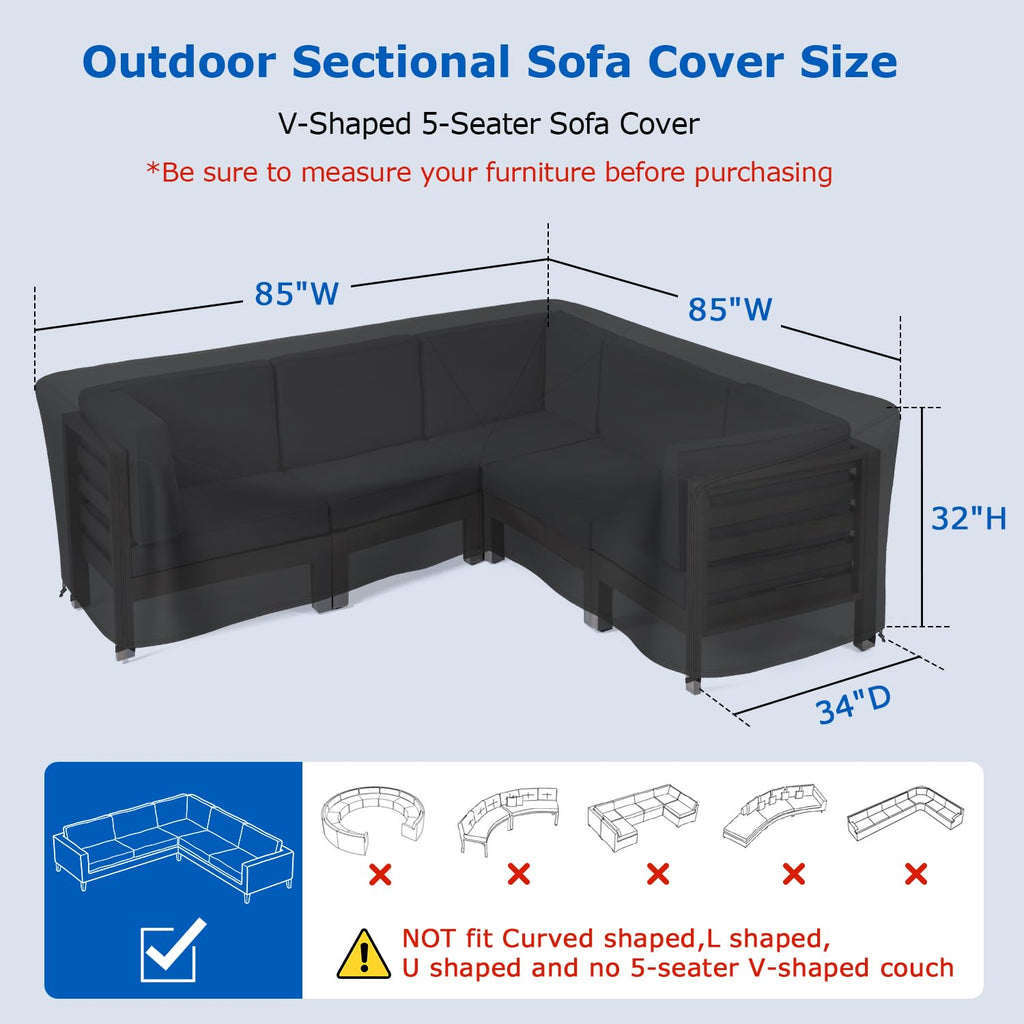 Outdoor Sectional Sofa Cover, 85"W Waterproof V-Shaped Couch Cover