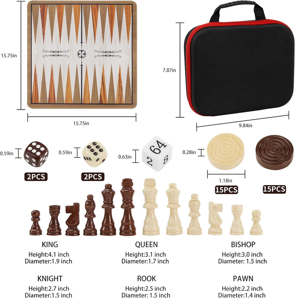 15" 3-in-1 Foldable Travel Chess Set Roll-Up Board with Checkers Backgammon